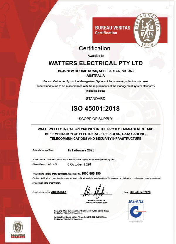 Watters ISO Certification ISO 45001 2018